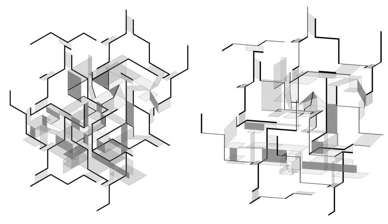 Spatial juxtapositions, material transparencies and effect qualities explored through physical models and drawings of isometric projection become the architectural grammar of the proposal. Isometric projection allows the re-interpretation of three-dimensional arrangement and organisation of the rhythmic composition.